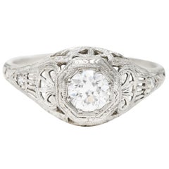 Edwardian Old European Cut Diamond Platinum Garland Foliate Engagement Ring
