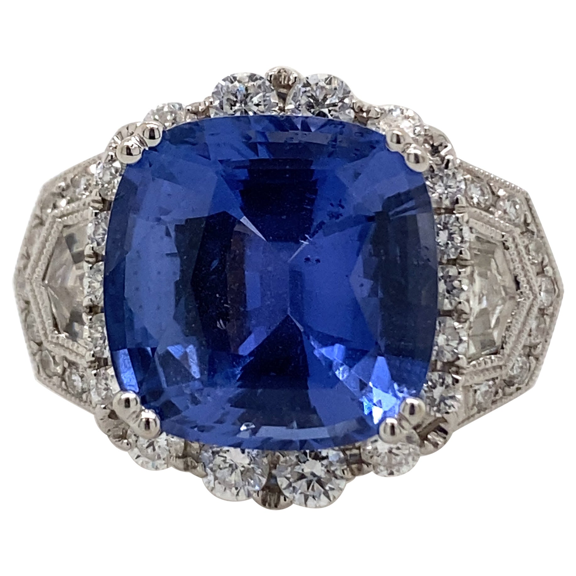 Art Deco Style 8.13 Carat Sapphire with Diamond Ring 18 Karat White Gold For Sale