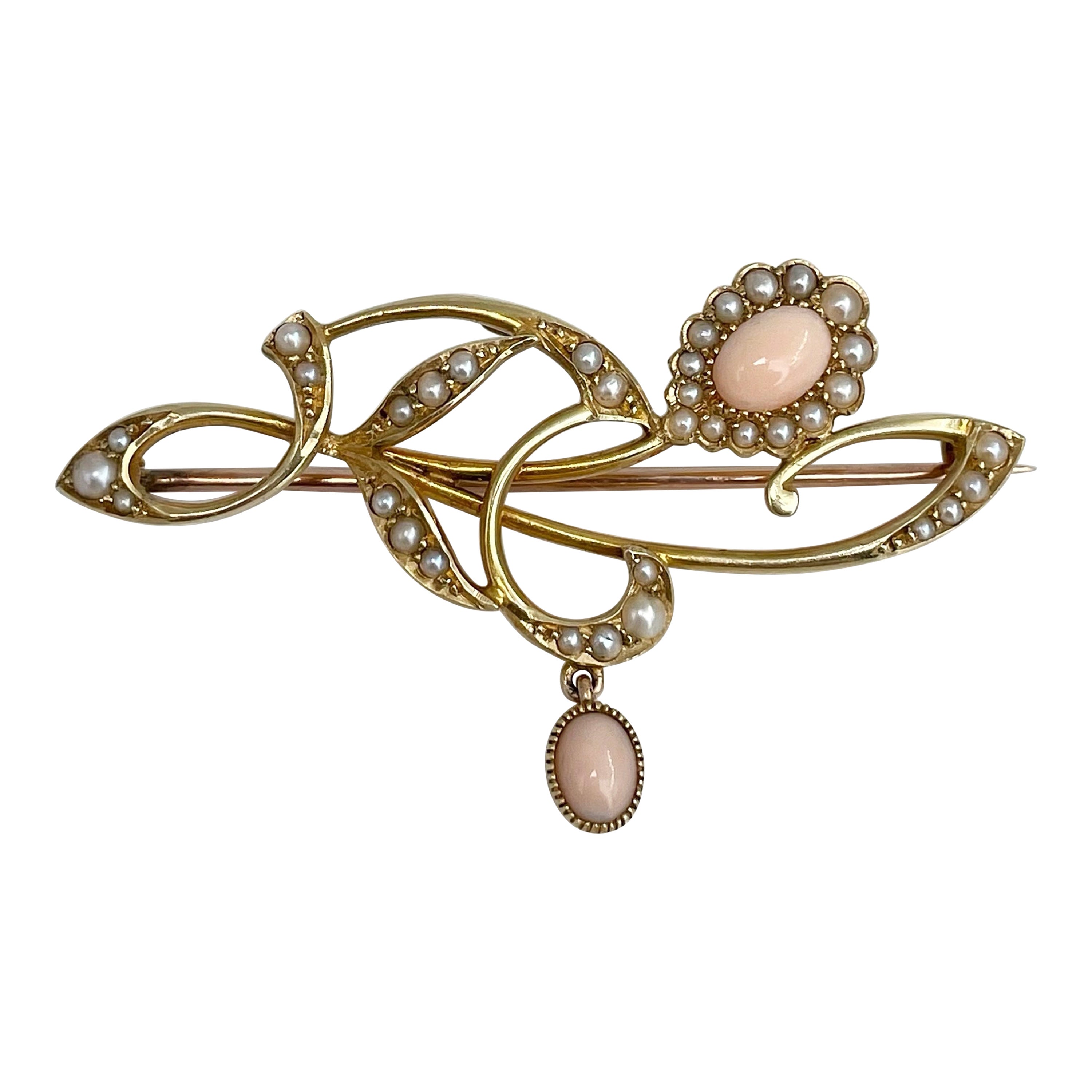 Edwardian 15 Karat Gold Seed Pearl Floral Design Pin Brooch For Sale