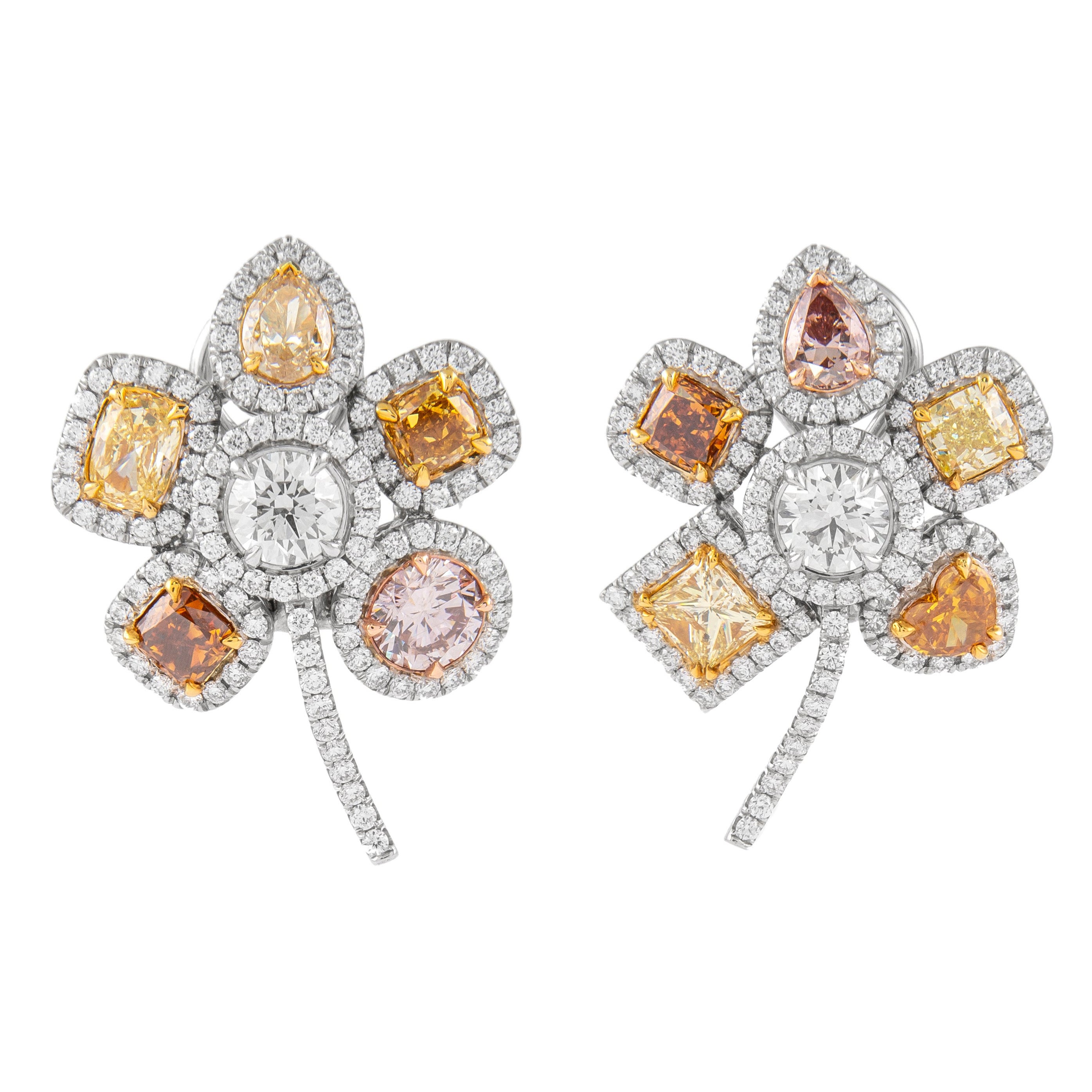 Alexander Beverly Hills GIA 7.52ct Fancy Color Diamond Floral Earrings 18k Gold For Sale