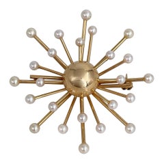 Mid Century 18 Karat Yellow Gold Pearl Starburst Pin Brooch