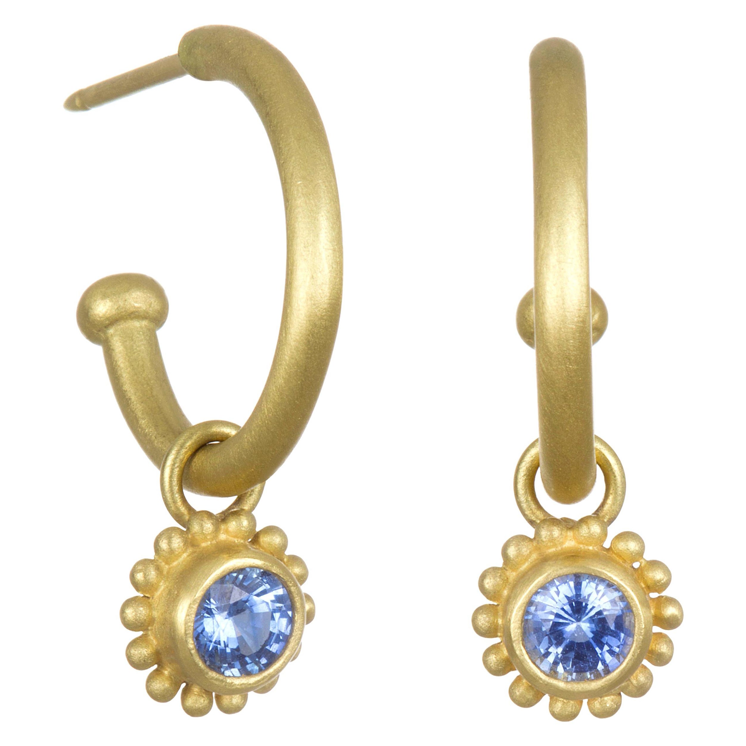 Faye Kim 18 Karat Gold Hoops with Ceylon Blue Sapphire Drops For Sale