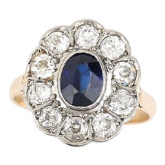 Antique Edwardian 18ct Gold 1ct Sapphire and 1ct Diamond Cluster Ring, Circa 1910