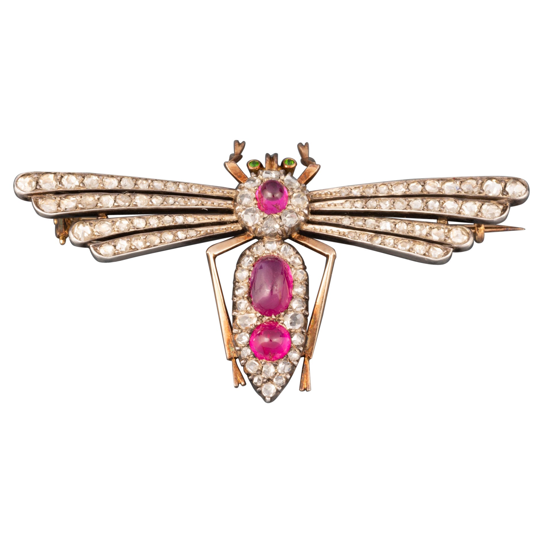 Rubys and Diamonds Antique French Dragonfly Brooch For Sale