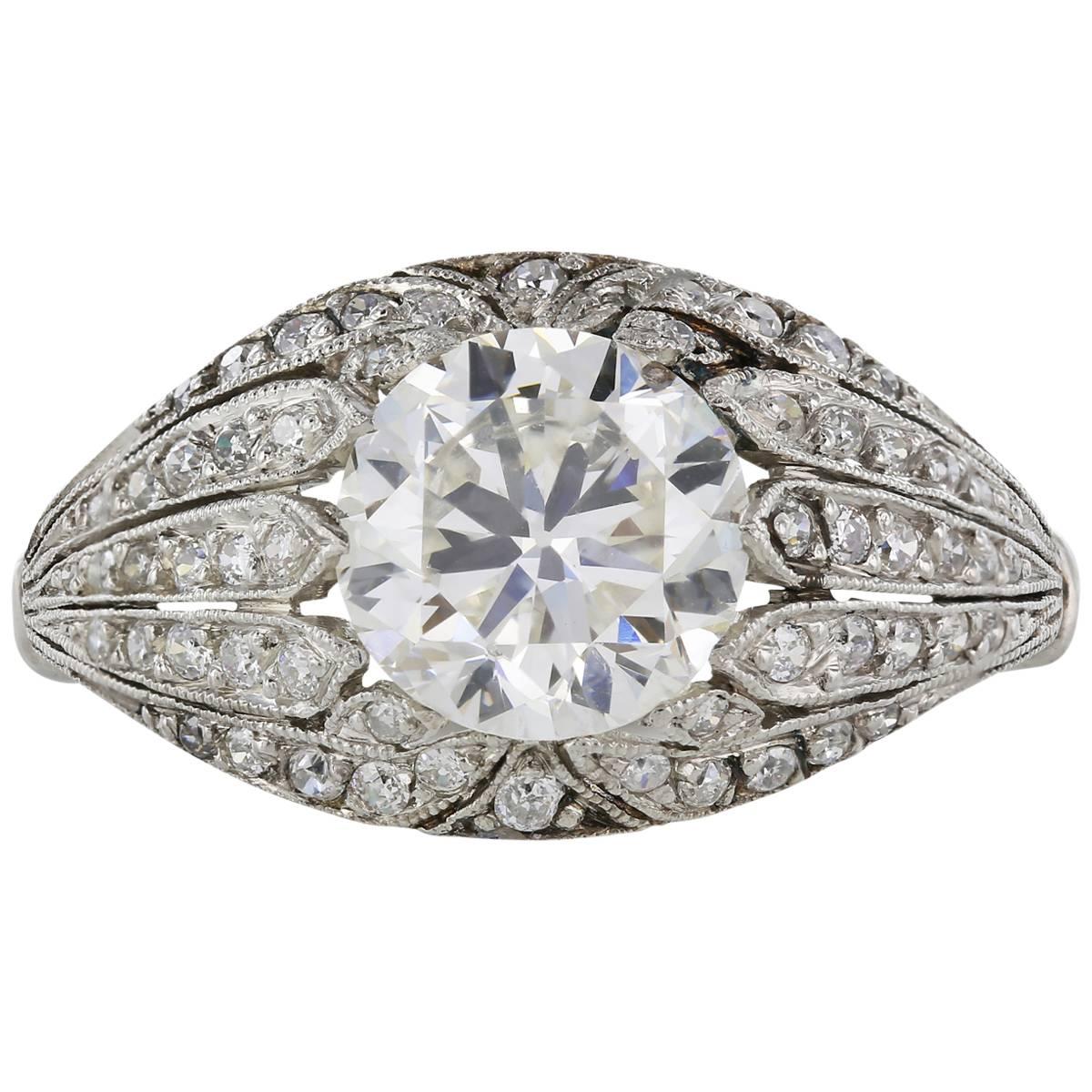 Art Deco 1.60 Carat Old European Cut Diamond Platinum Ring For Sale