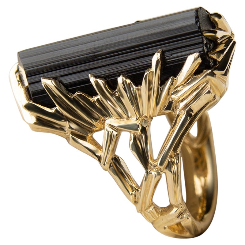 Bague en cristal de tourmaline noire Bague de fiançailles en or Schorl en vente