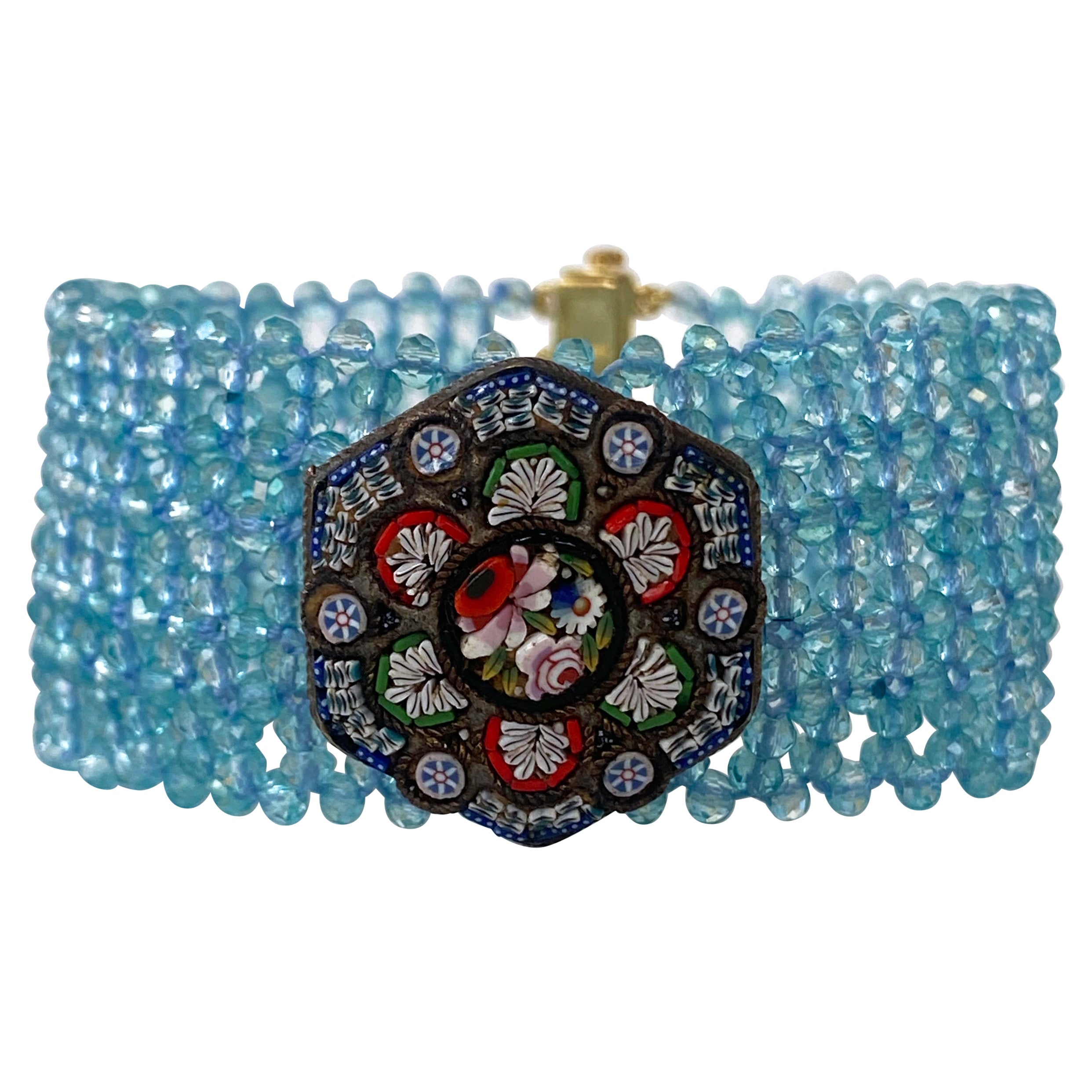 Marina J. Woven Aquamarine Bracelet with Vintage Mosaic Centerpiece & Gold