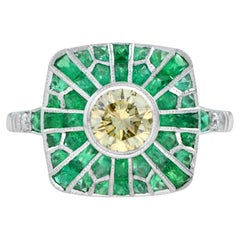 Certified Yellow Diamond and Emerald Halo Cushion Shaped Ring in 18K White Gold