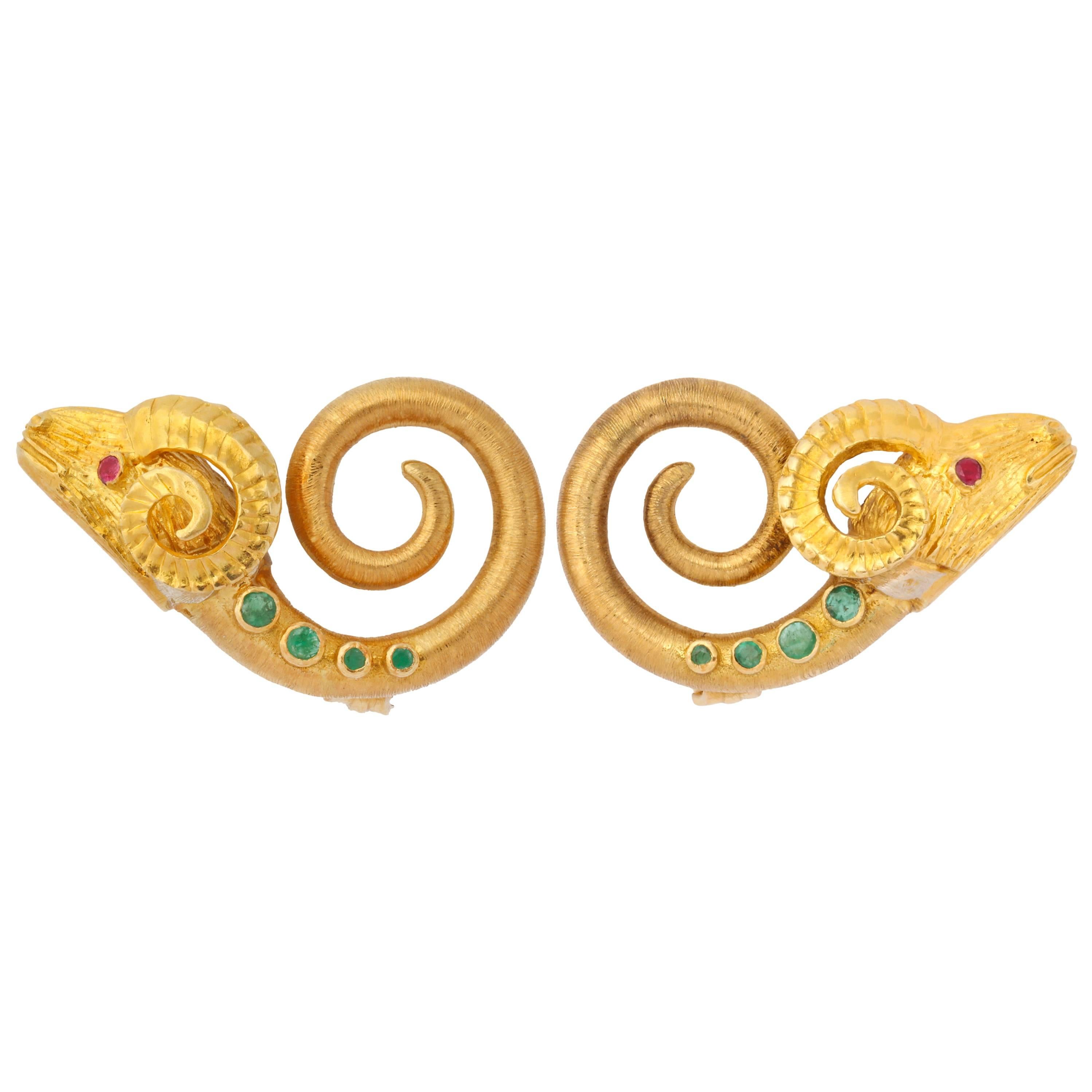 1960s Lalaounis Ruby Emerald Gold Ram Ear Clips