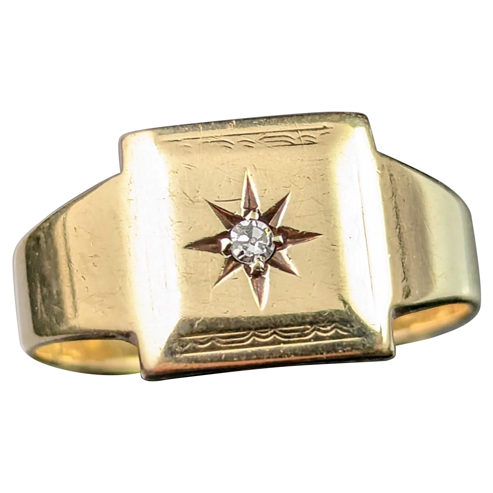 Vintage star Set Diamond Signet Ring, 9k Yellow Gold For Sale