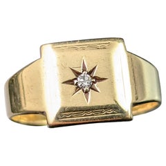 Antique star Set Diamond Signet Ring, 9k Yellow Gold