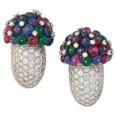1980s Multi Gem Diamond Platinum Cornucopia Ear Clips 1