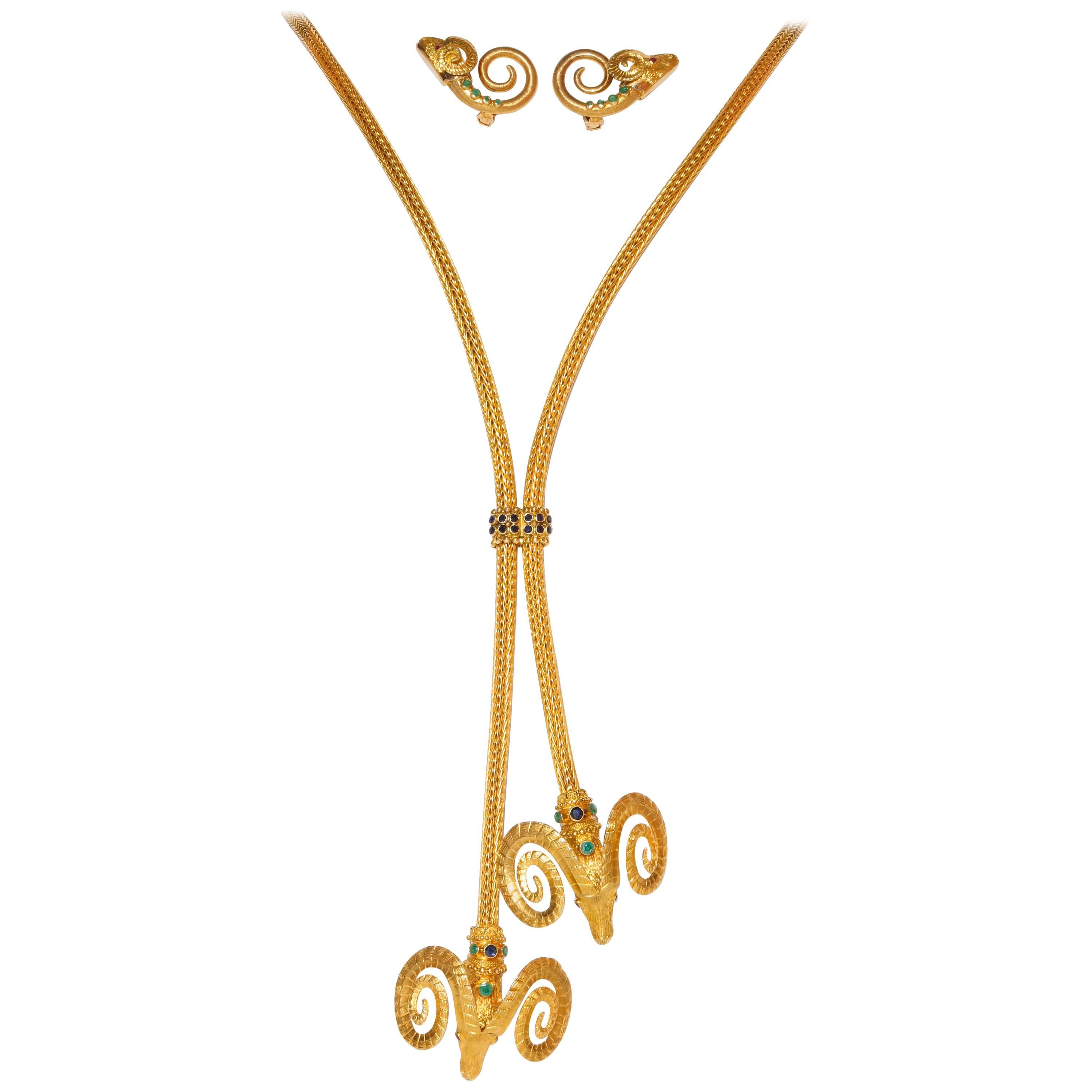 1960s Lalaounis Sapphire Emerald Ruby Gold Necklace Belt and Ear Clips