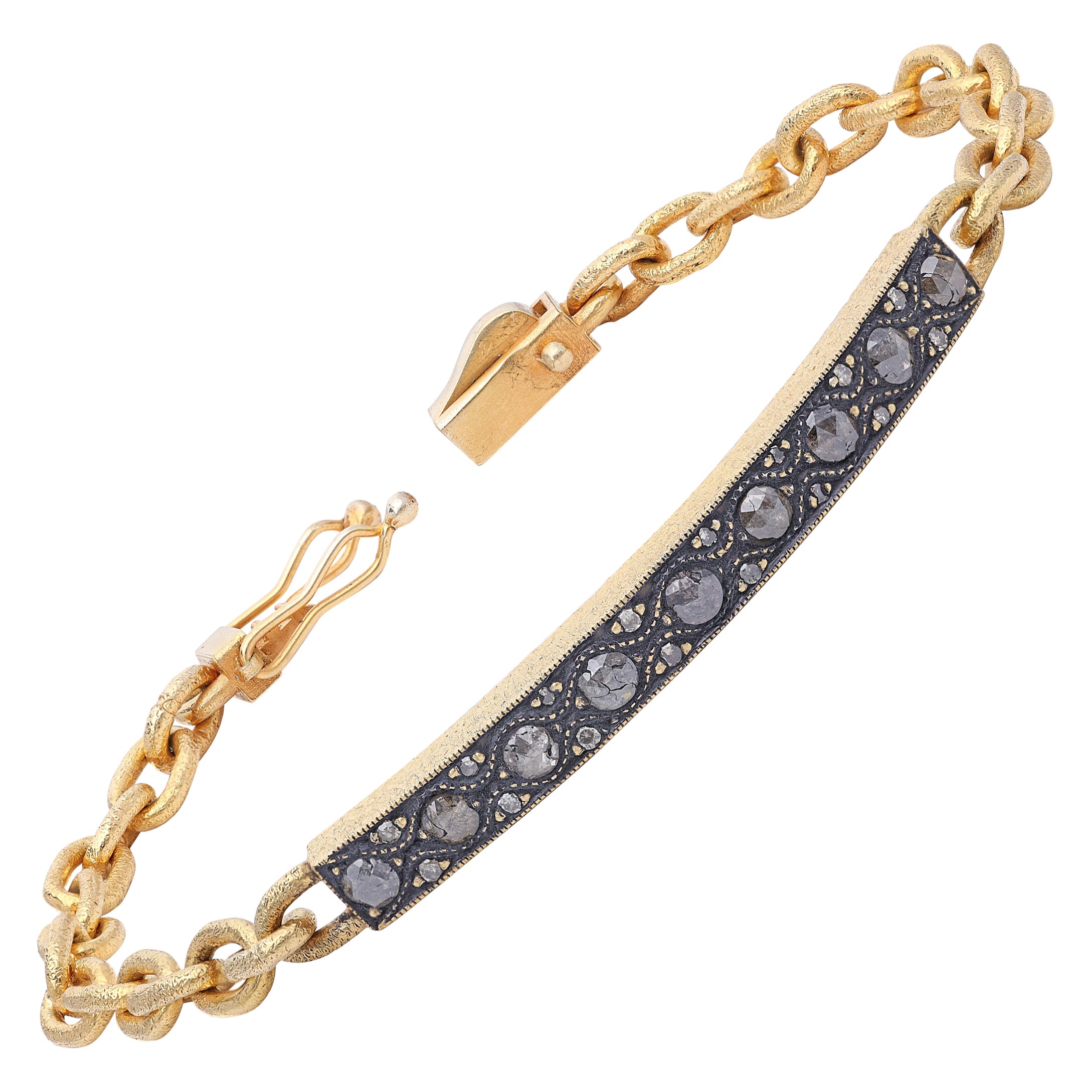 Silver and 24k Gold Micron Plated Tag Chain Bracelet with Rose Cut Diamonds For Sale