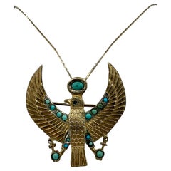 Antique Art Deco Egyptian Revival Horus Falcon Brooch Pendant Necklace Turquoise Garnet