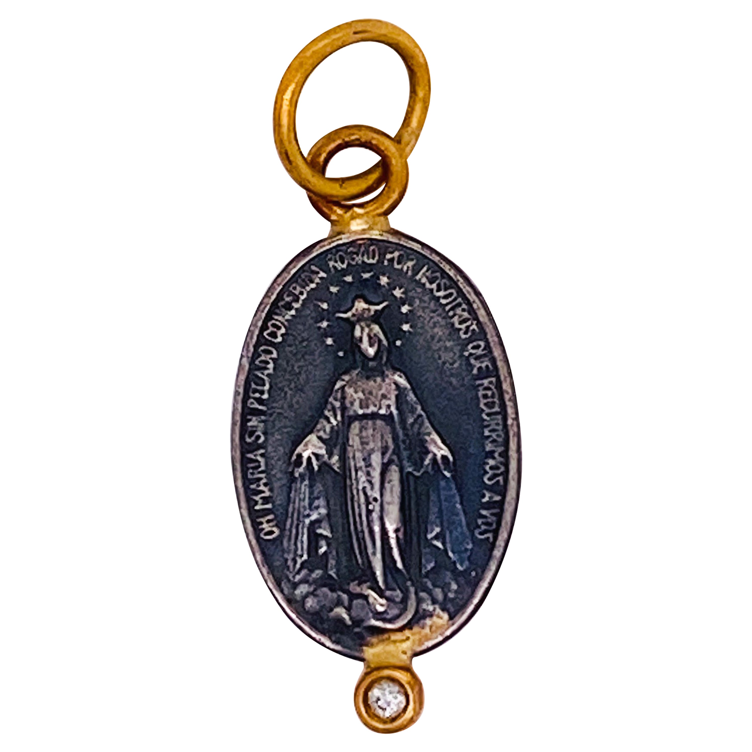 Miraculous Medal Pendant Mother Mary 24k Gold and Sterling Silver Catholic Charm For Sale