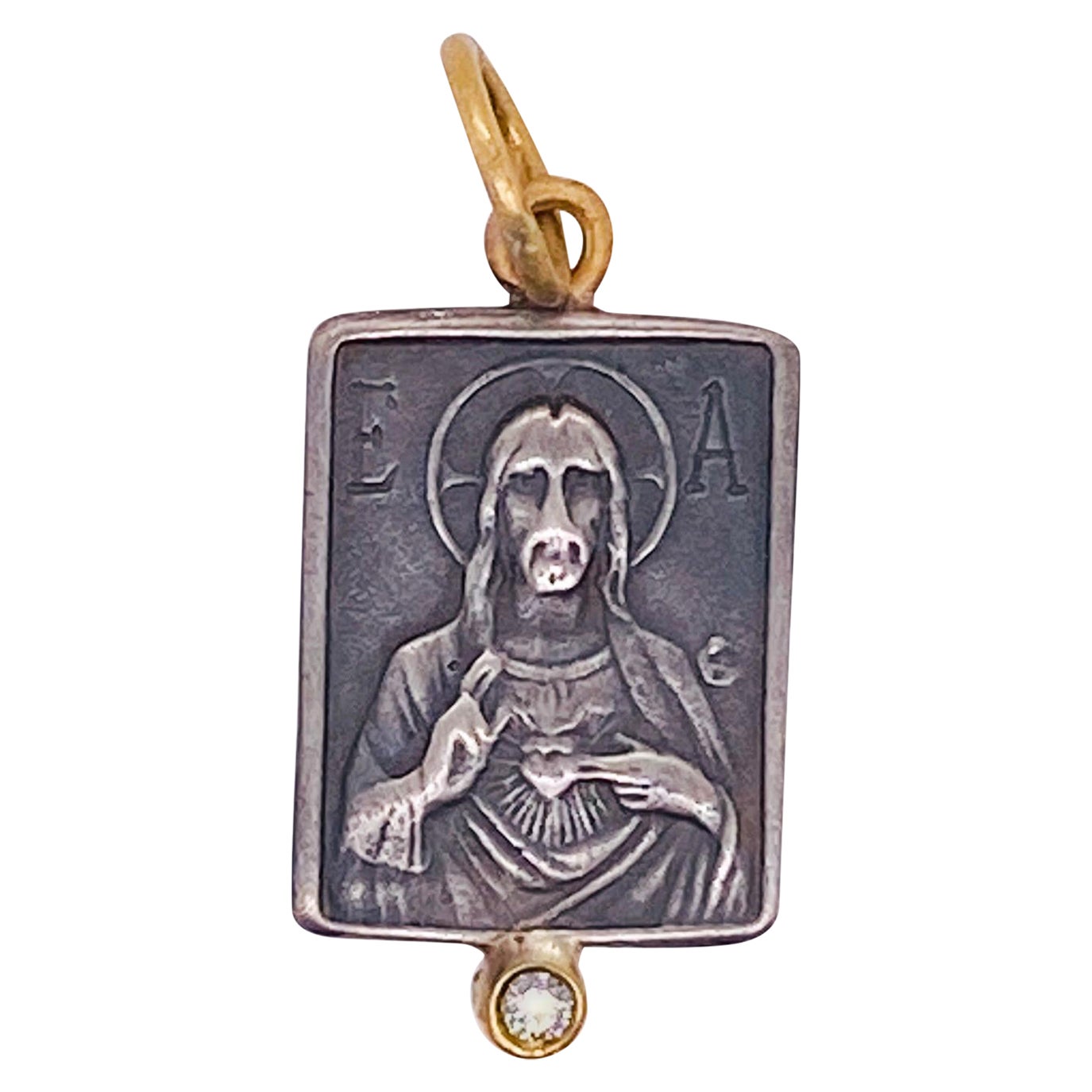 Sacred Heart Jesus and Mary Pendant in 24K Yellow Gold and Mixed Metals For Sale