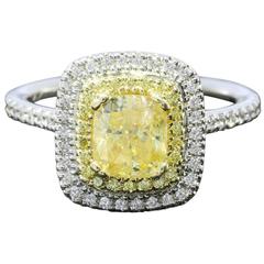 1.12 Carat GIA Cert Canary Yellow Cushion Diamond Double Halo Engagement Ring