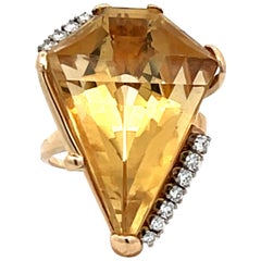 Diamond Shaped Citrine & Diamond Cocktail Ring in 14k Yellow Gold