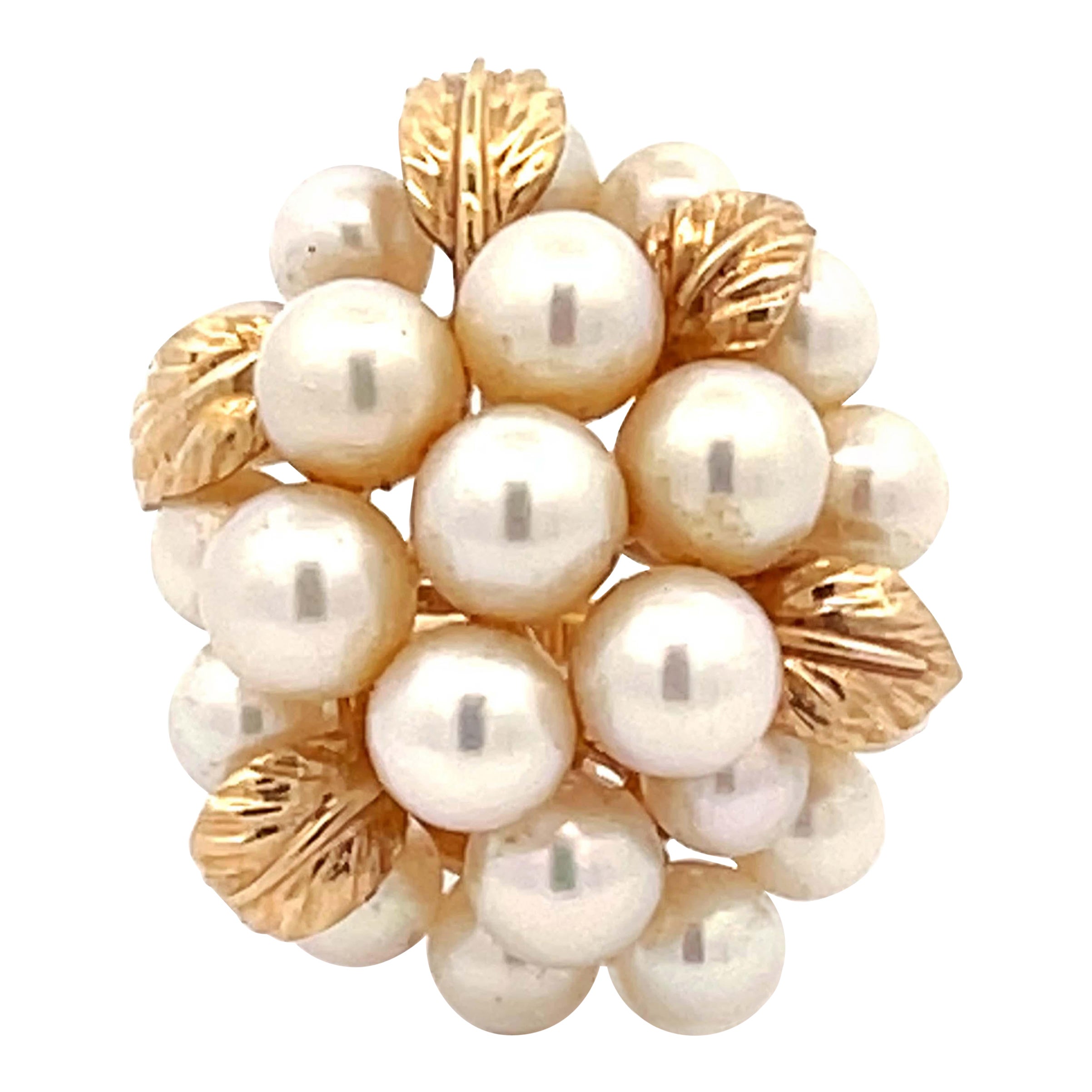 Large Vintage Pearl Cluster Ring in 14k Yellow Gold For Sale