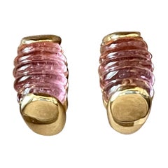 Vintage 18 K yellow Gold earclips with engraved pink Tourmaline by Bulgari