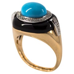 Art Deco Style 0.40 Carat White Diamond Turquoise Onyx Yellow Gold Cocktail Ring