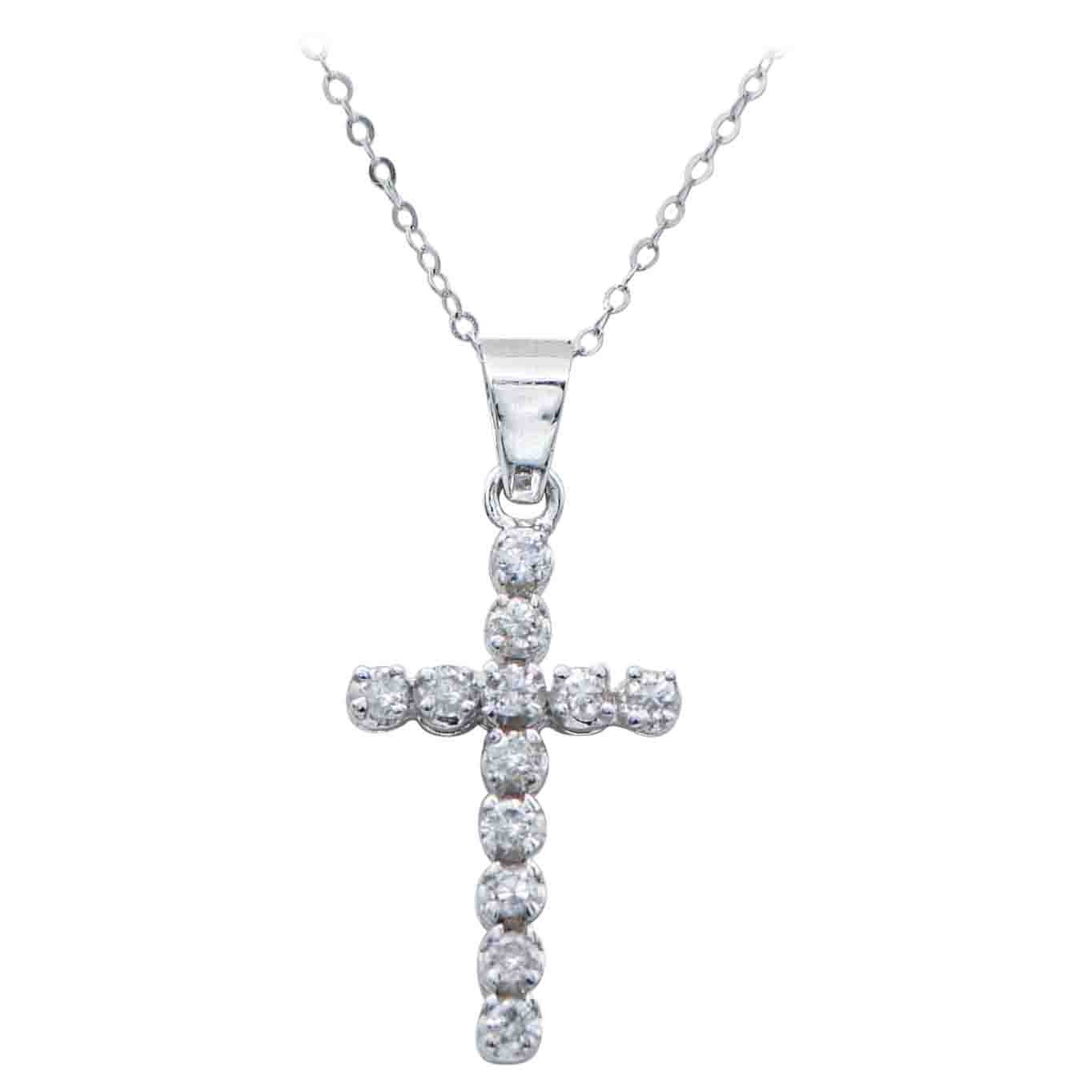 0.42 Carats Diamonds, White Gold Cross Pendant Necklace. For Sale