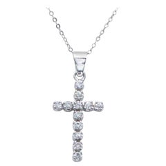 Vintage 0.42 Carats Diamonds, White Gold Cross Pendant Necklace.