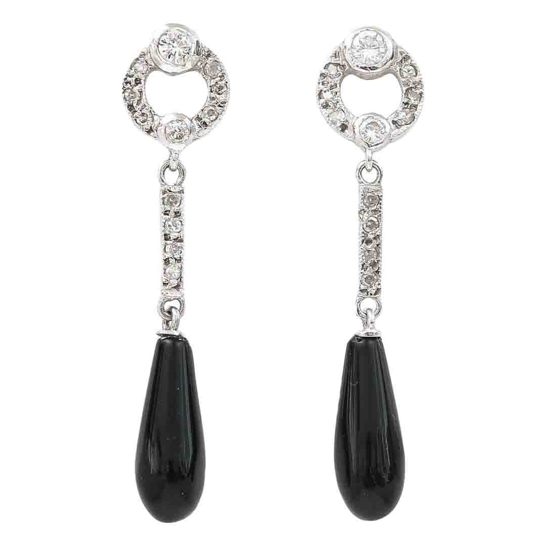 Art Deco Style 18ct Gold Onyx and Diamond Drop Earrings