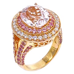 Bague à double halo à tige fendue en or rose 14 carats, kunzite, saphirs roses et diamants