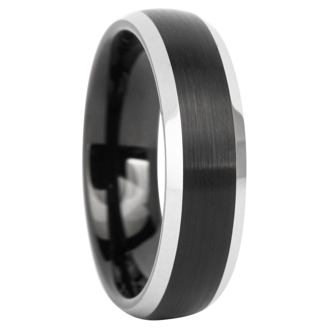 For Sale:  Navarro, Two-Toned Black Tungsten Beveled Edge Comfort Fit Wedding Band