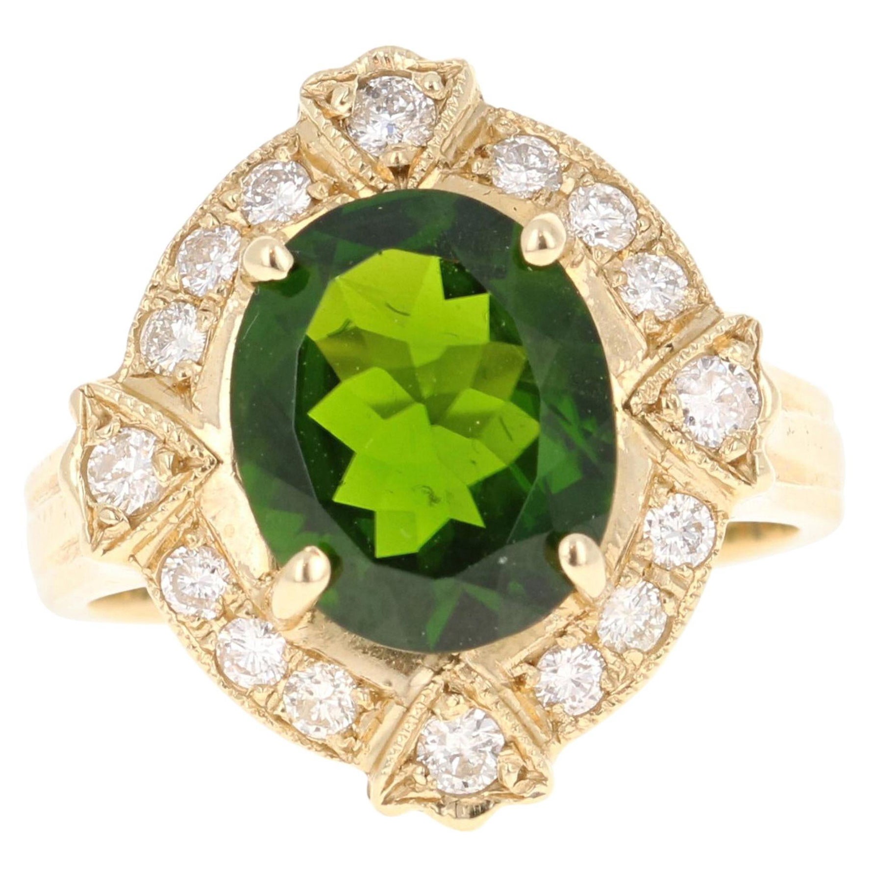 Diopside Bague en or jaune 14 carats avec diamants et chrome de 3,88 carats