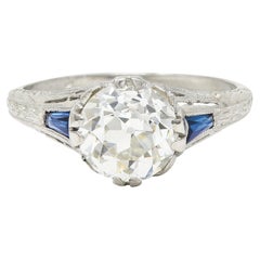 Art Deco 1.95 Carats Diamond Sapphire Platinum Engagement Ring GIA