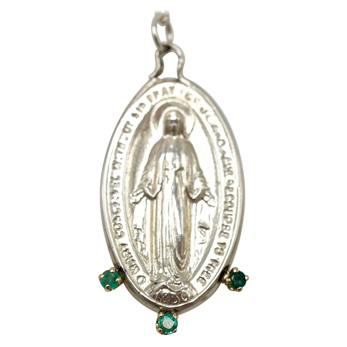 Emerald Silver Pendant Spiritual Necklace Virgin Mary Medal Oval J Dauphin For Sale