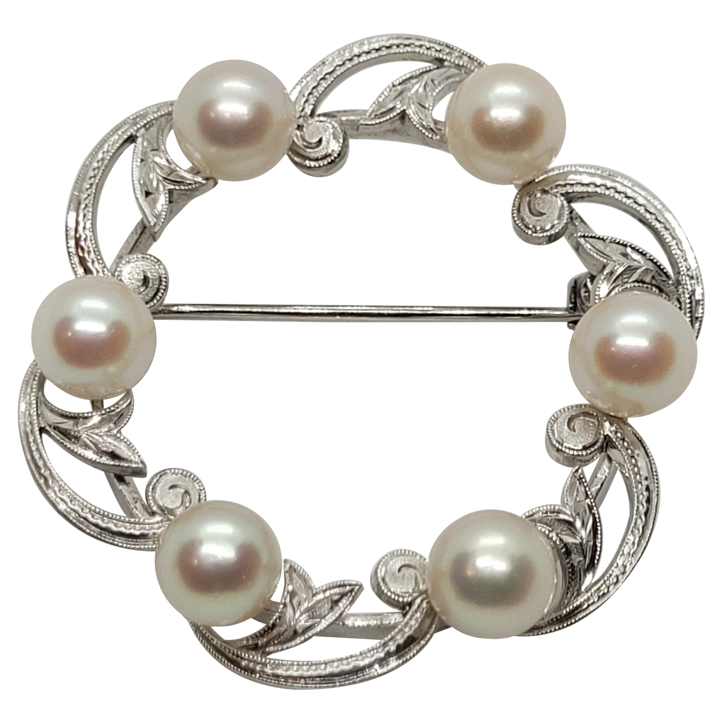 Sterling Silver Mikimoto Pearl Brooch, Tokyo, Stamped, 1960s, Vintage