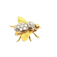 Retro Gold 0,75 Karat natürlicher runder Rubin & Diamant Bienen-Anstecknadelbrosche, um 1950
