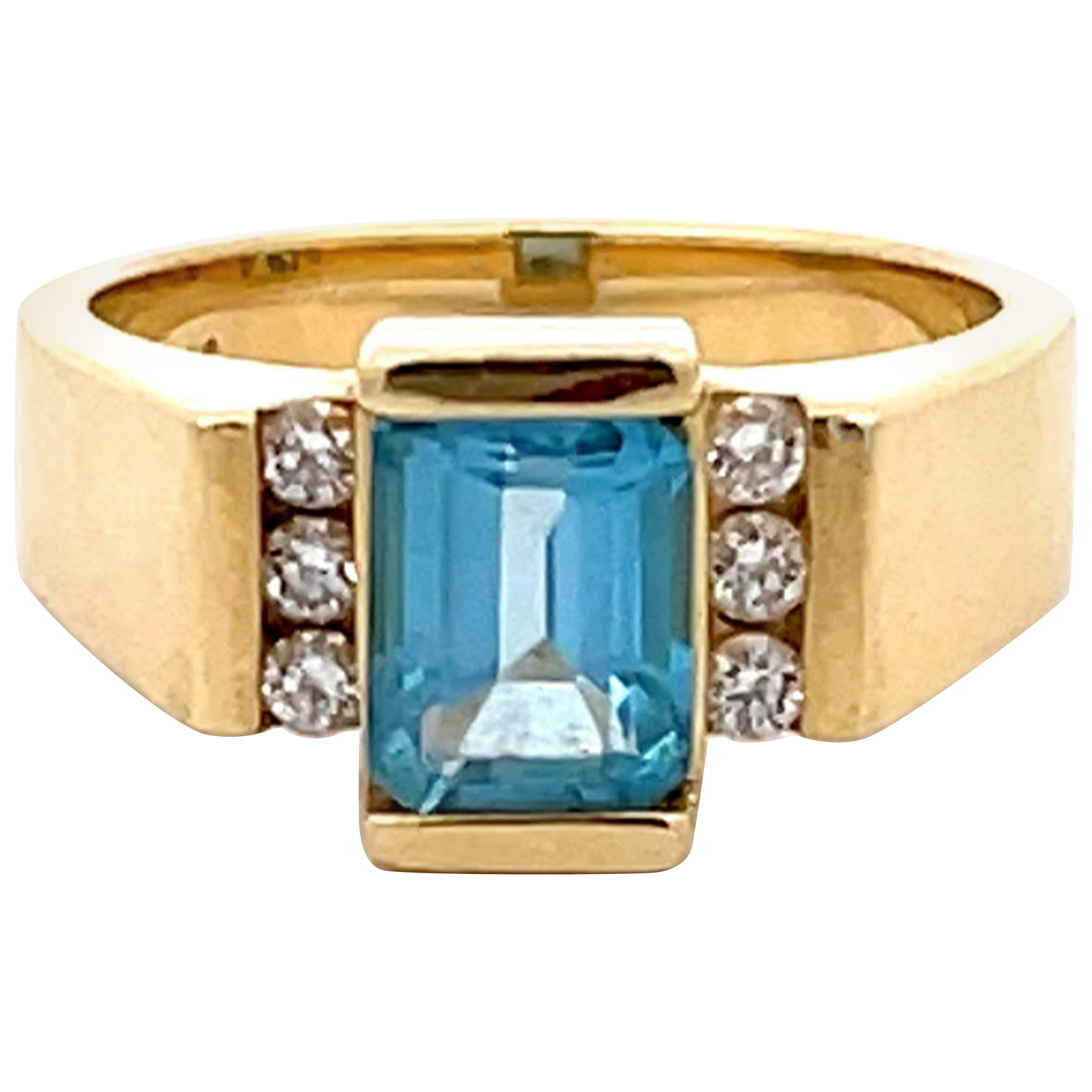 Checkerboard Cut Sky Blue Topaz and Diamond Ring in 14K Yellow Gold For ...