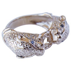 Jaguar-Ring mit doppeltem Kopf und schwarzen Diamanten, Tier-Cocktailring, Bronze J Dauphin