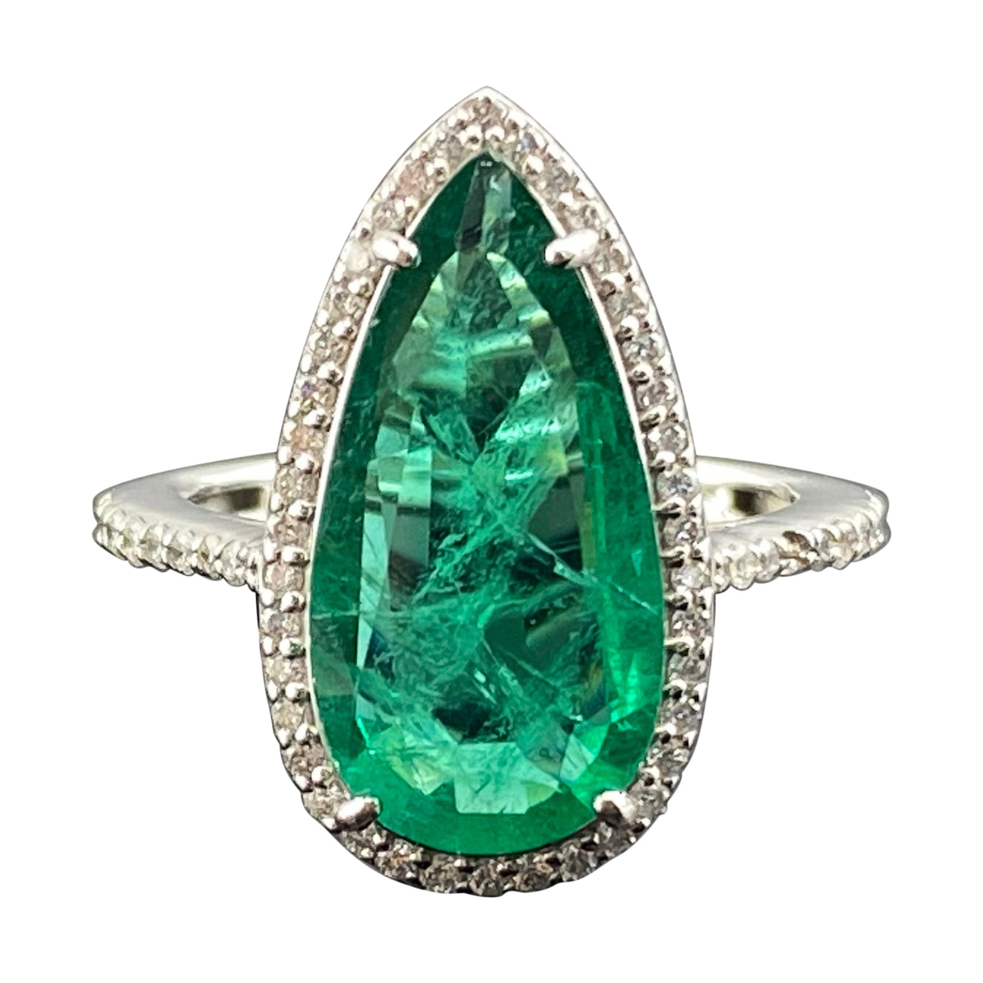 Certified 3.2 Carat Emerald and Diamond Engagement Ring For Sale