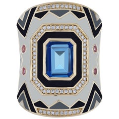 Swiss Blue Topaz, Pink Sapphire & Diamond Ring with Enamel in 14K Yellow Gold 