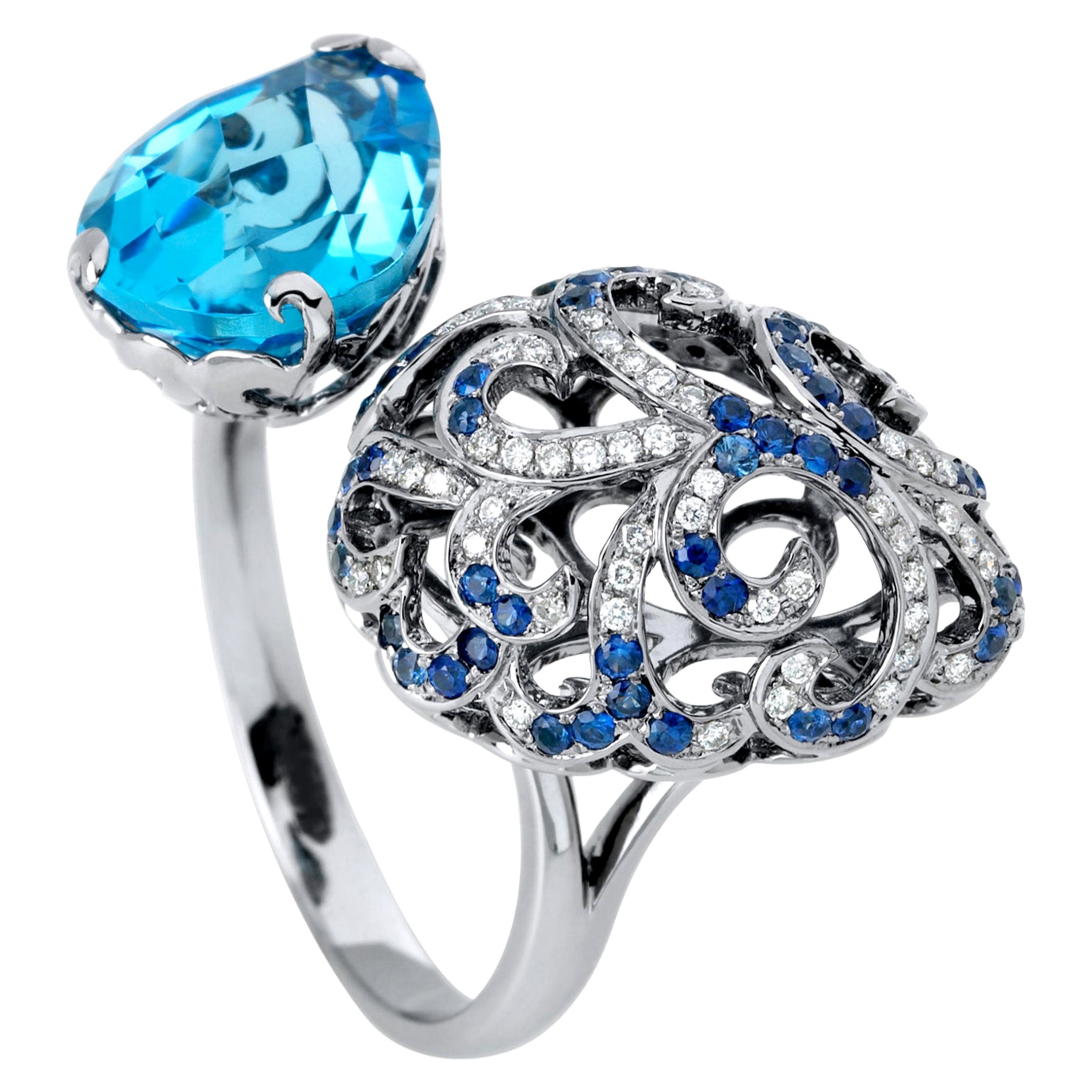 Fei Liu Green Blue Topaz Sapphire 18 Karat Diamond Black Gold Open Ring
