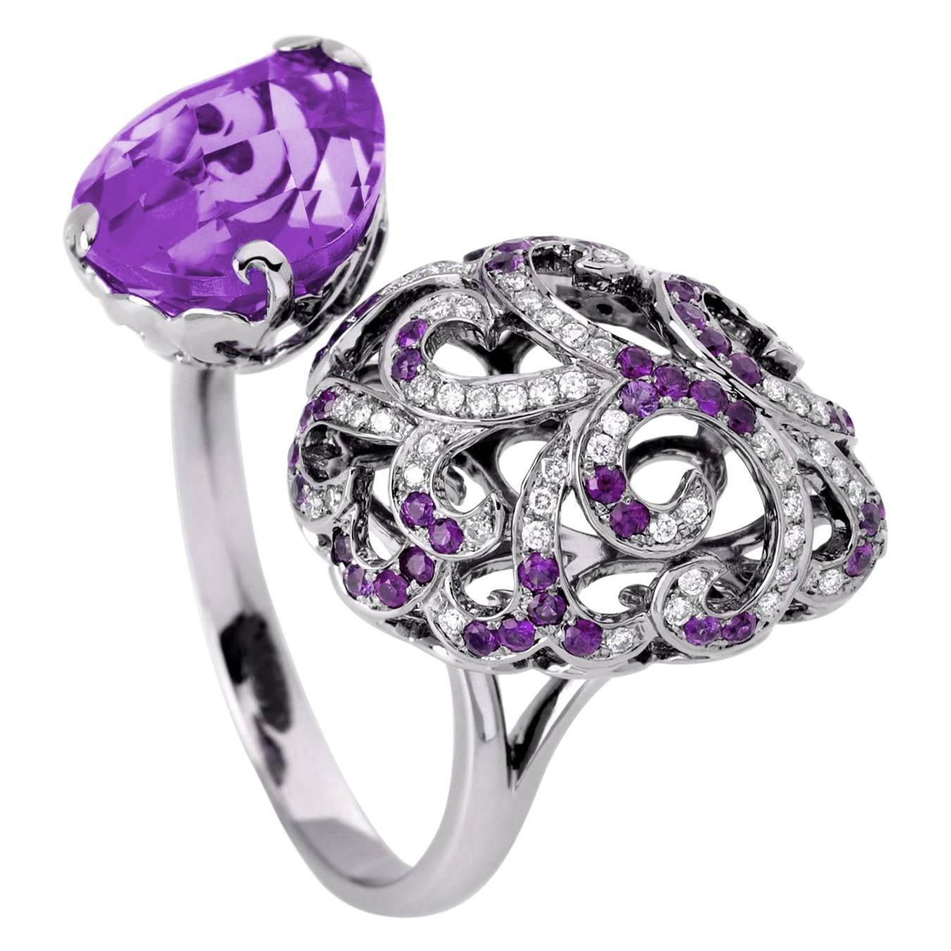 Fei Liu Purple Amethyst Diamond Black Gold Open Doublet Ring For Sale