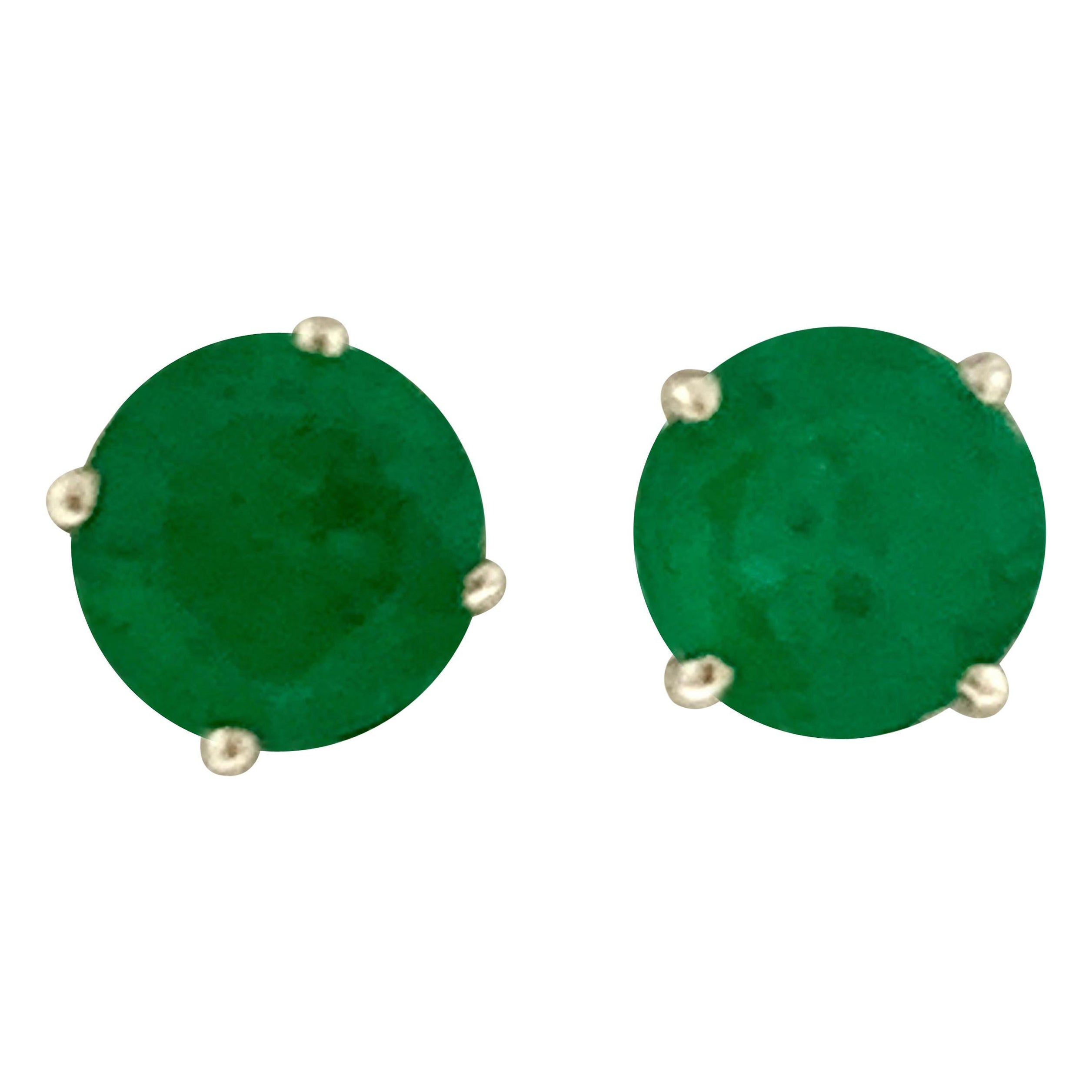 3.0 Carat Round Natural Emerald Stud Post Earrings 14 Karat Yellow Gold For Sale