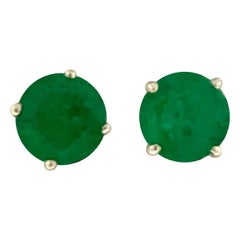 3.0 Carat Round Natural Emerald Stud Post Earrings 14 Karat Yellow Gold