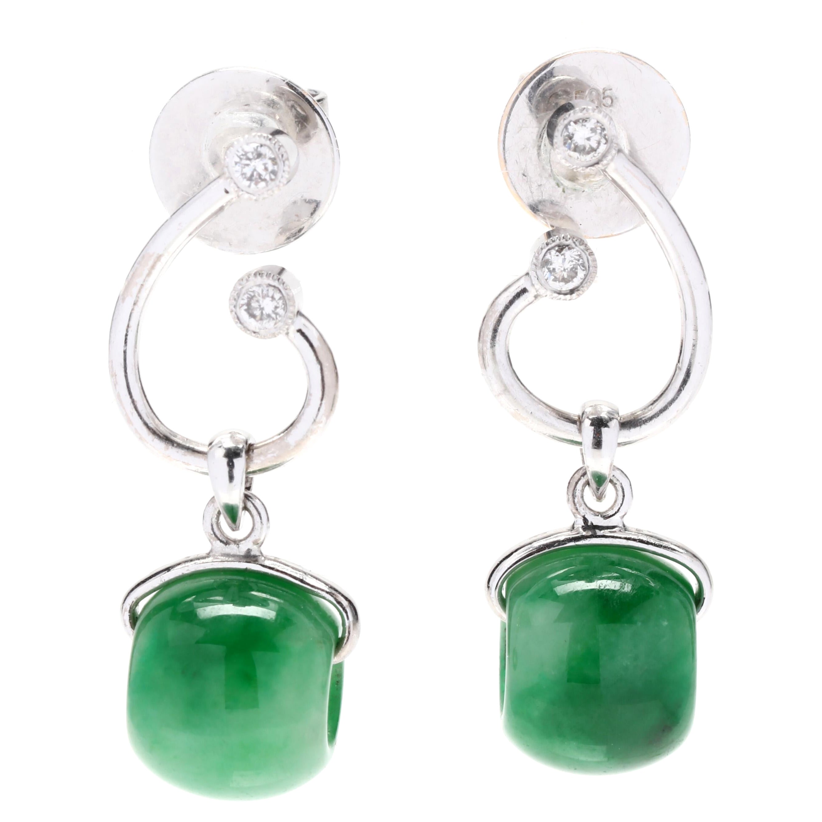 Diamond Jadeite Dangle Earrings, 18K White Gold, Green Jade For Sale