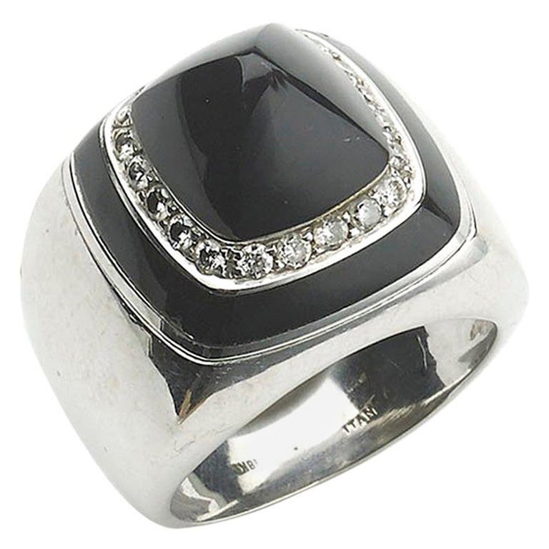 Vintage Italian Black Onyx, Diamond and White Gold Dress Ring, Circa 1970 For Sale