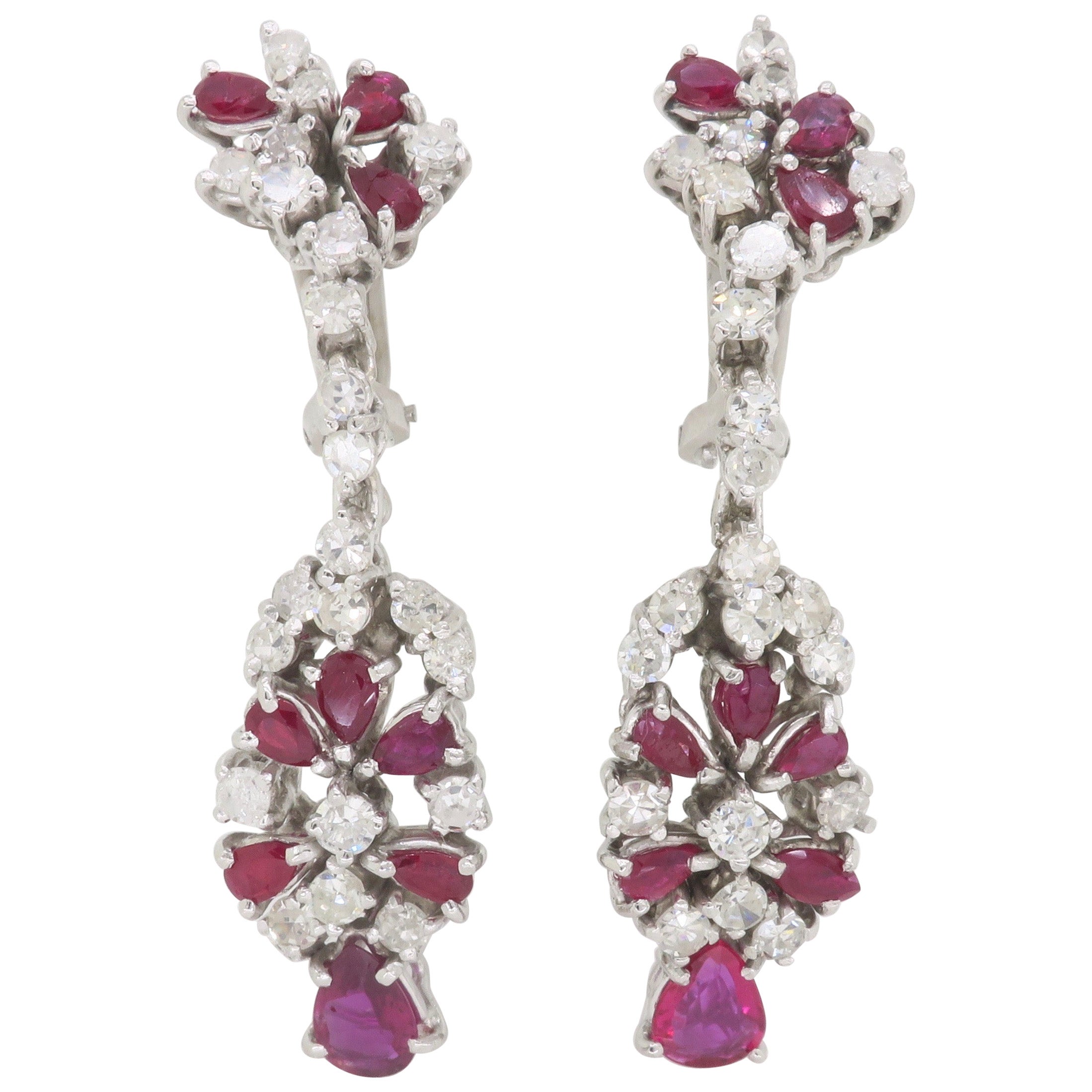 Ruby and Diamond Chandelier Drop Earrings Made in 18k White Gold For Sale