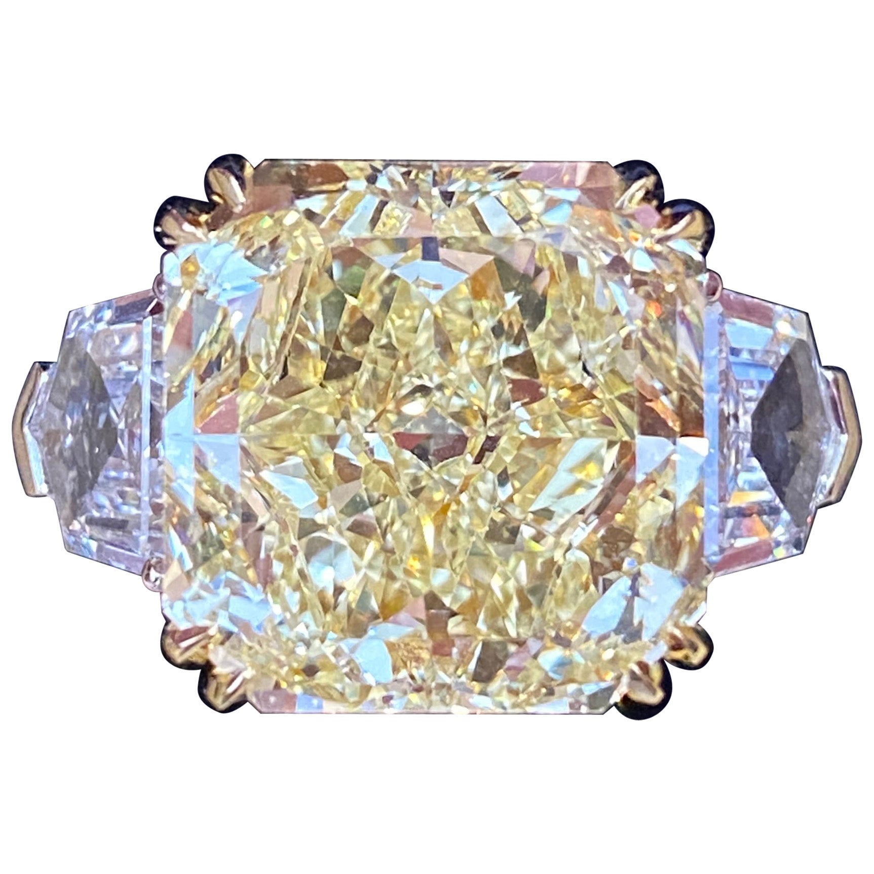 GIA Certified 10.69 ct Fancy Yellow VVS2 Radiant Diamond Ring in Platinum/18KYG For Sale