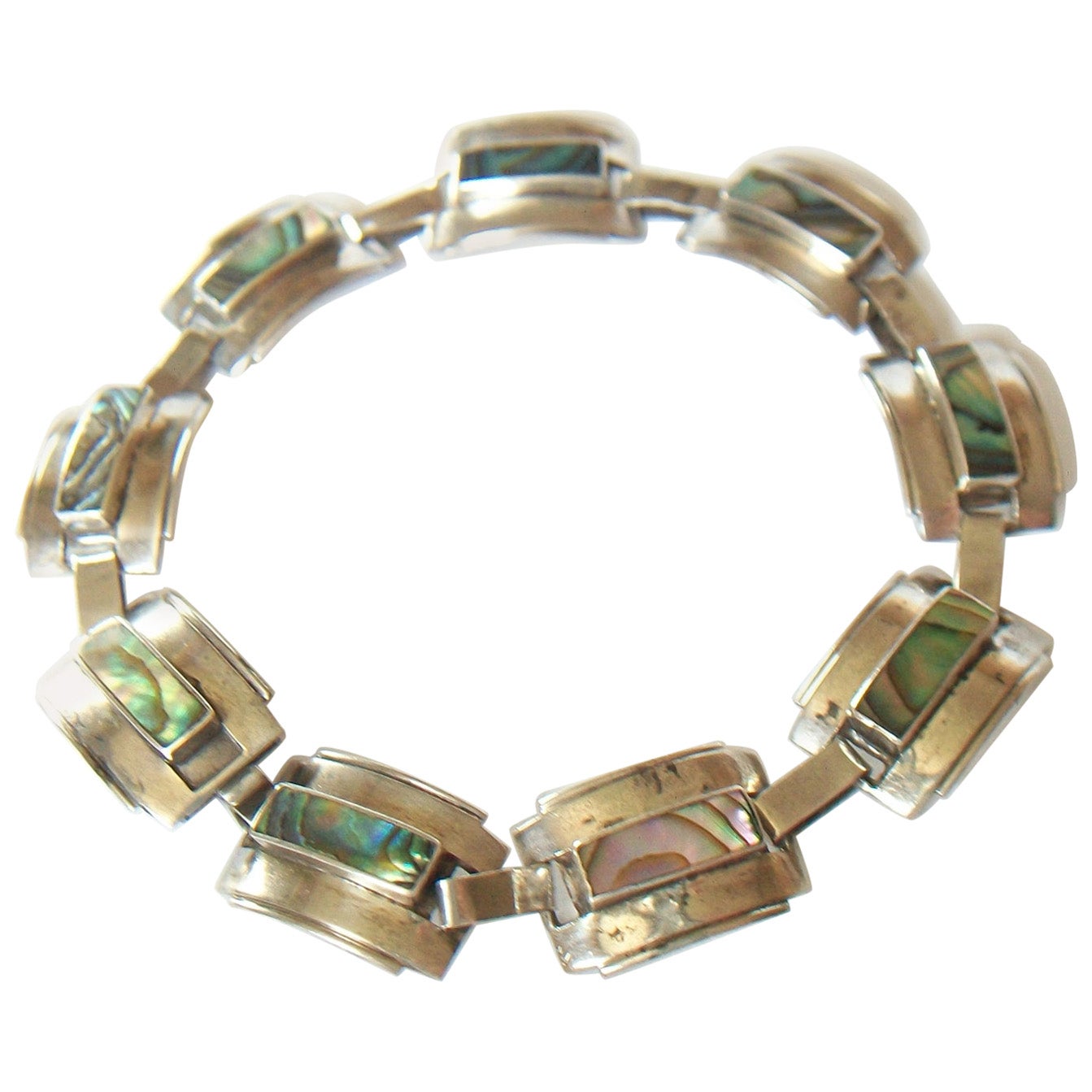 Modernist Sterling Silver & Abalone Link Bracelet - Mexico - Circa 1950's For Sale