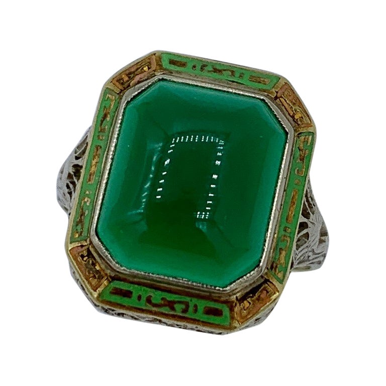 Art Deco Green Onyx Enamel Ring Antique 14 Karat White Gold Filigree For Sale